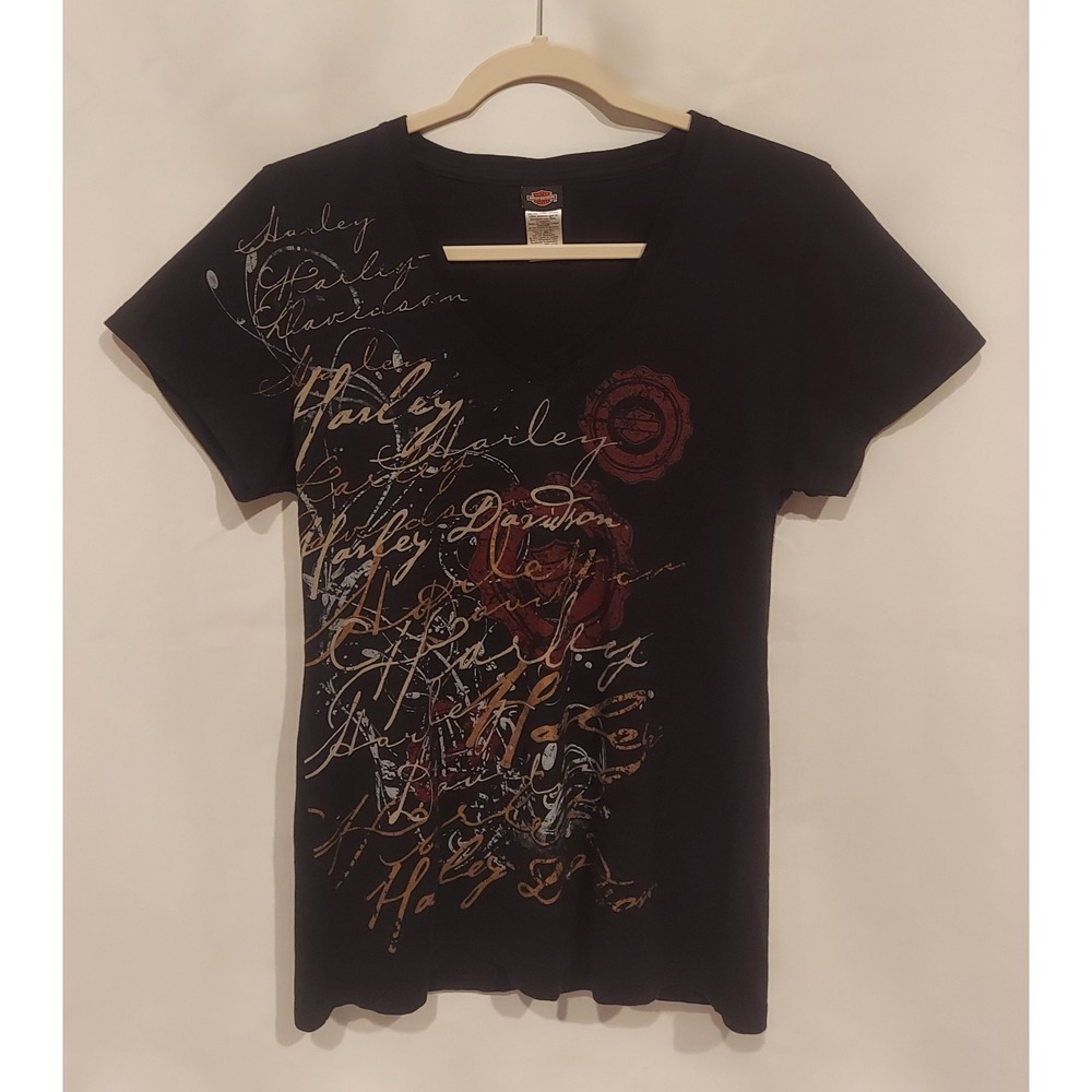 Harley-Davidson Womens All-Over Script Graphic V-Neck T-Shirt Tee Size Large